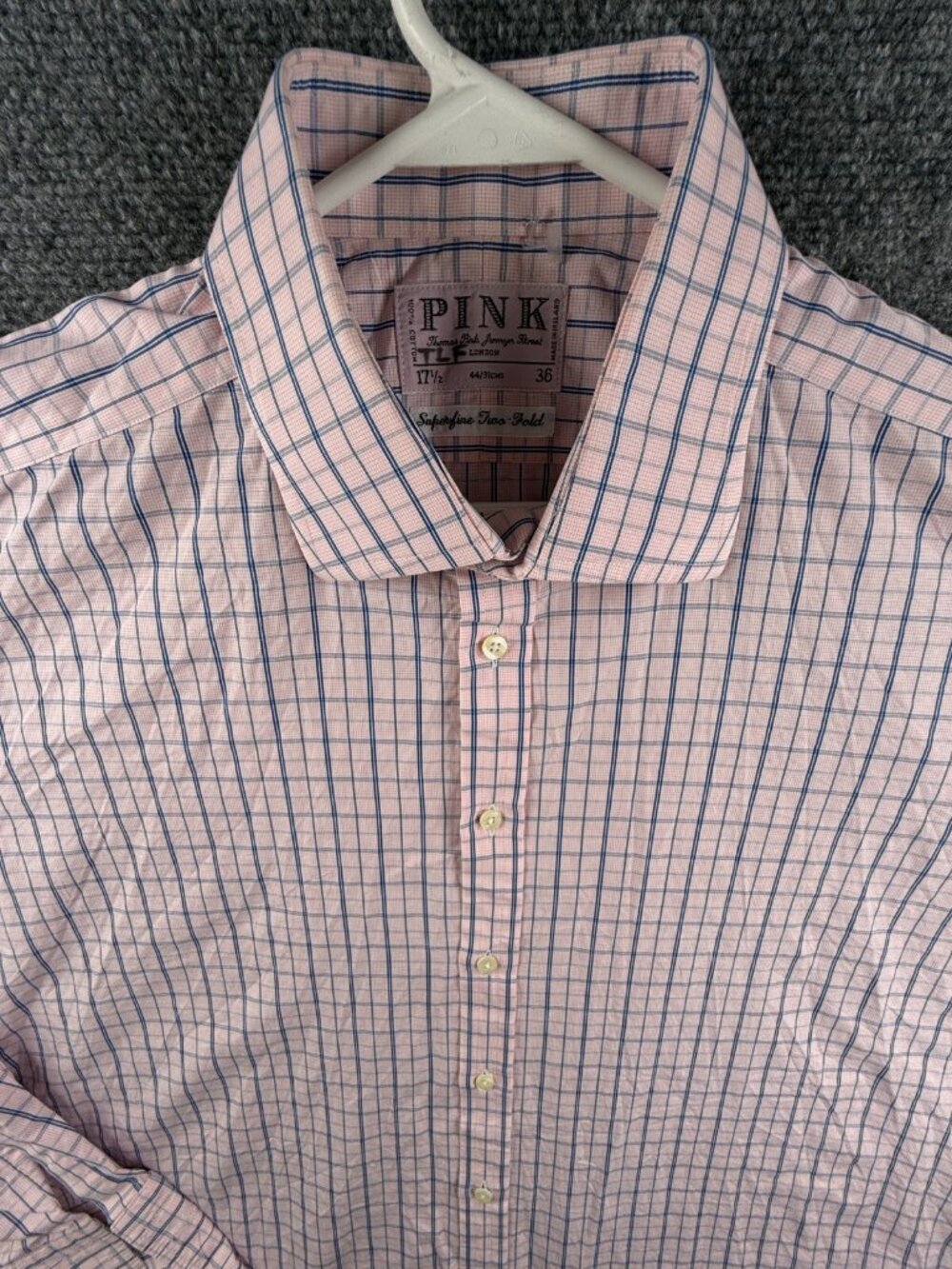 Thomas Pink Long Sleeve Button Up Shirt Men Pink Blue Check 17.5 36 Superfine
